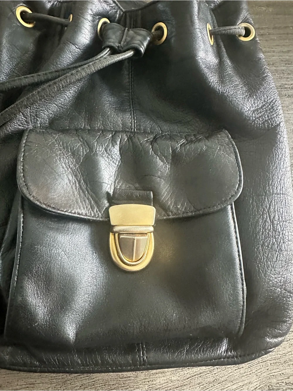 Morgan Taylor Black‎ Leather Drawstring Backpack with Gold Accents